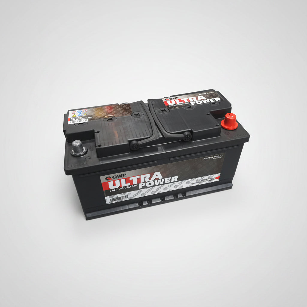 Ultra Power car battery on a white background